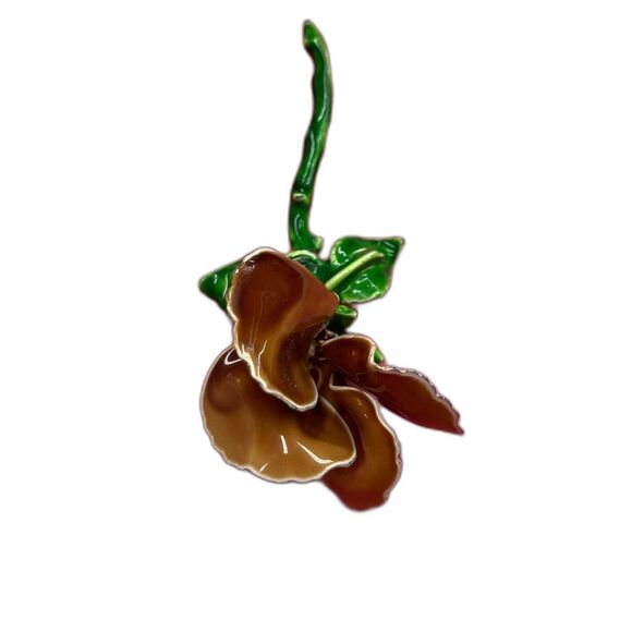Rose Flower Brooch Pin Brown and Green Jewelry Accessory Boutonniere Ceramic - Picture 2 of 12